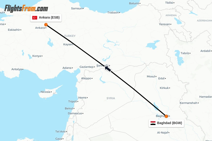 Flights from Baghdad to Ankara route map