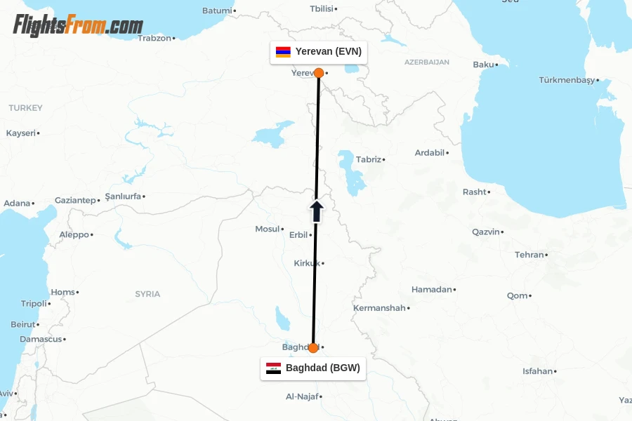 Flights from Baghdad to Yerevan route map