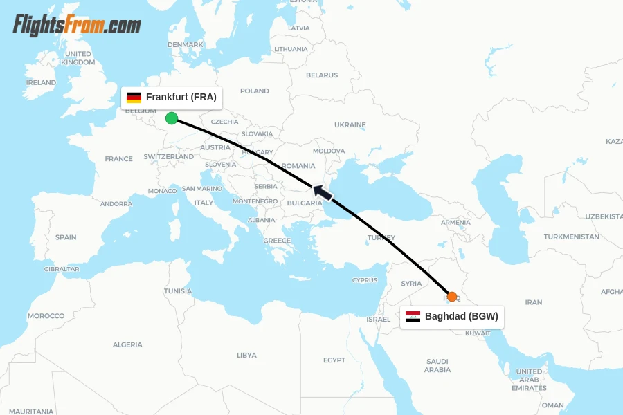 Flights from Baghdad to Frankfurt route map