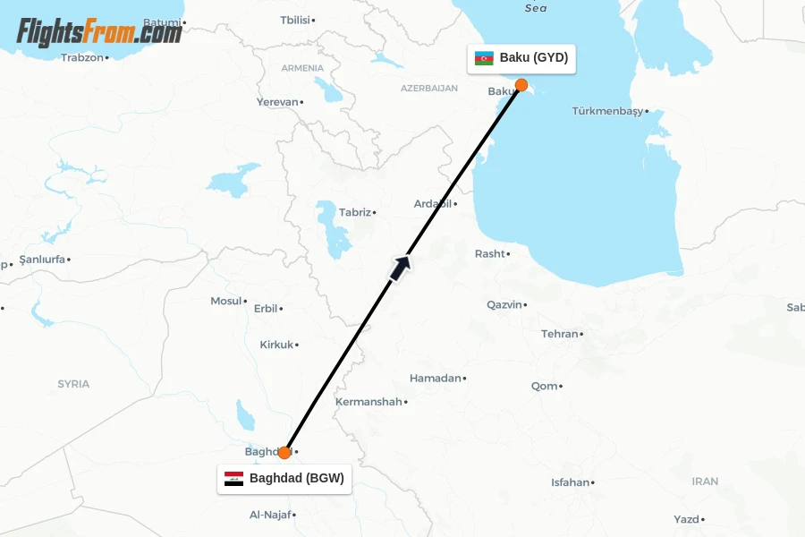 Flights from Baghdad to Baku route map