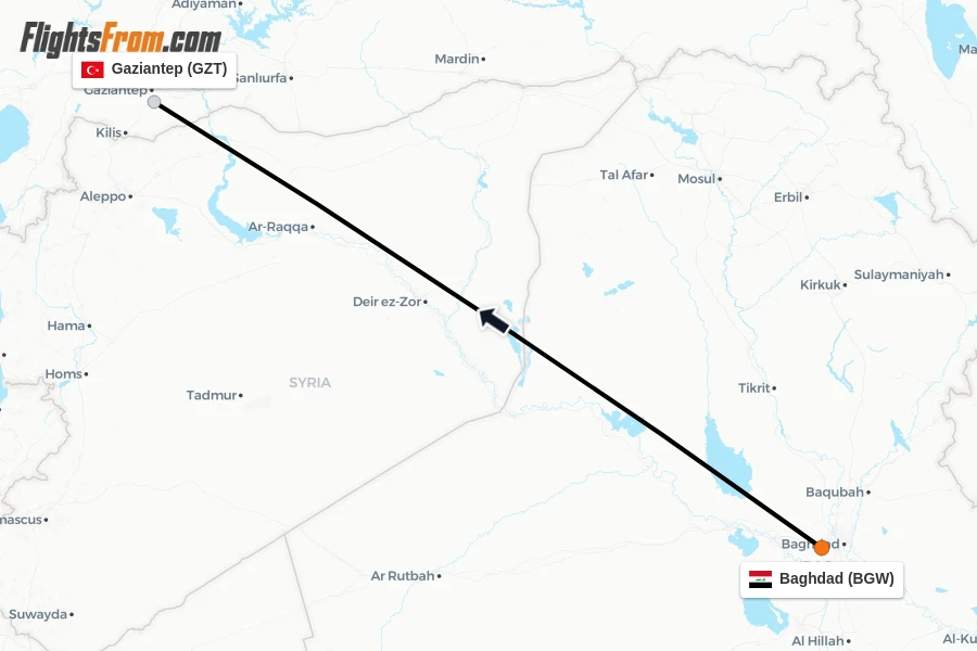 Flights from Baghdad to Gaziantep route map
