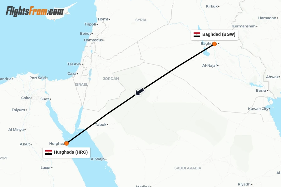 Flights from Baghdad to Hurghada route map