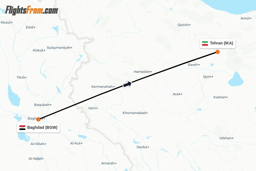 Flights from Baghdad to Tehran route map