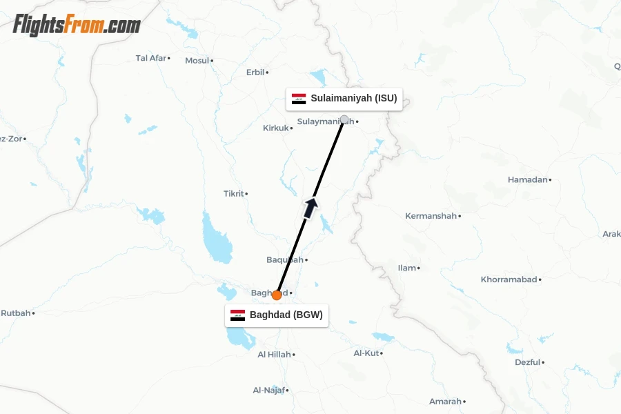 Flights from Baghdad to Sulaimaniyah route map