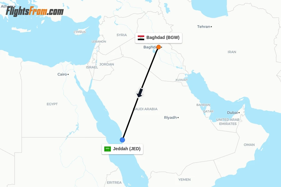 Flights from Baghdad to Jeddah route map
