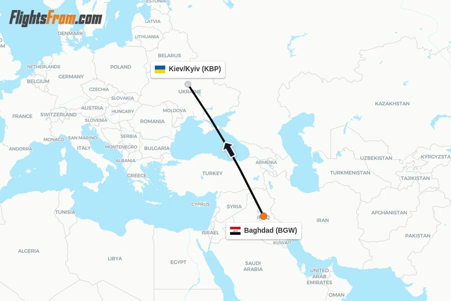 Flights from Baghdad to Kiev/Kyiv route map