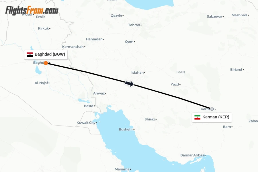 Flights from Baghdad to Kerman route map