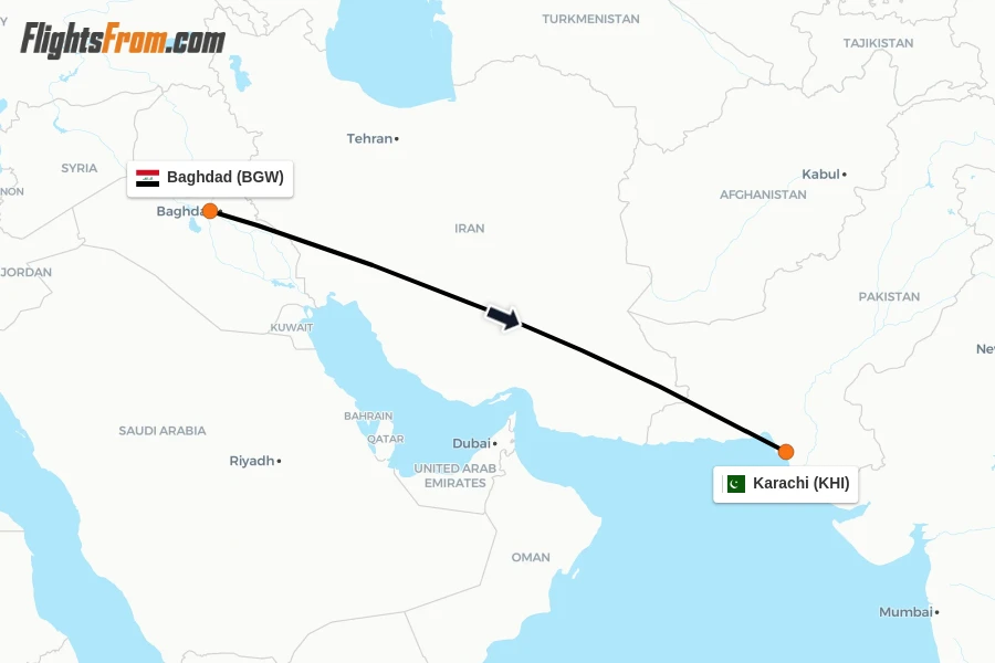 Flights from Baghdad to Karachi route map