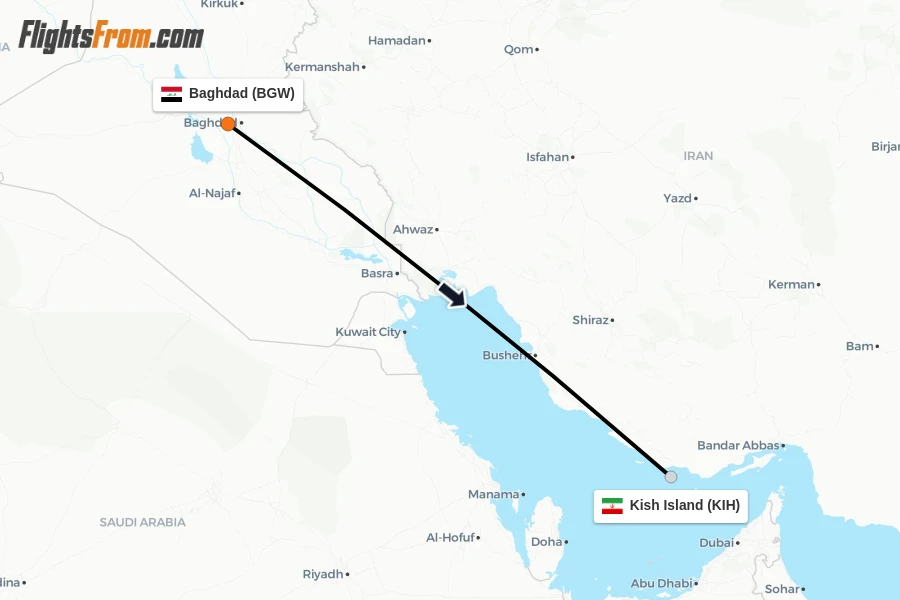 Flights from Baghdad to Kish Island route map