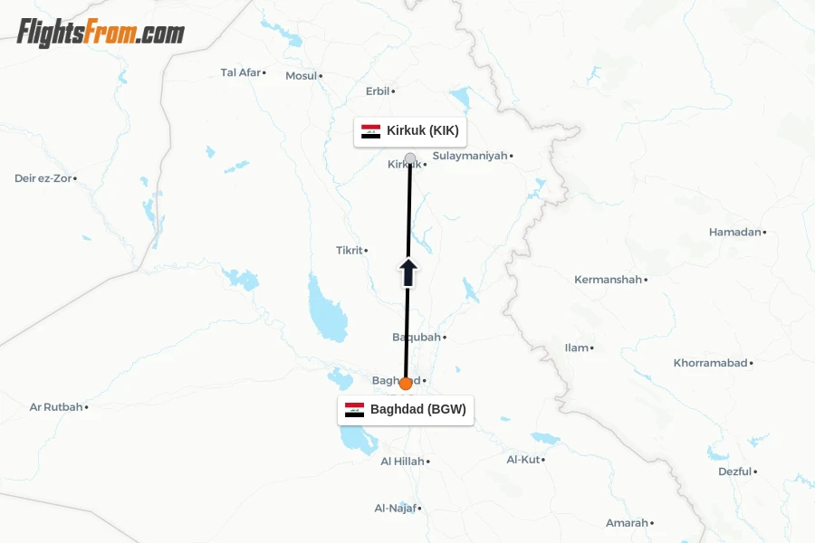 Flights from Baghdad to Kirkuk route map