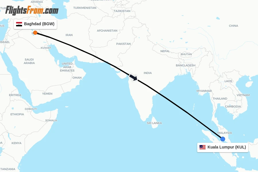 Flights from Baghdad to Kuala Lumpur route map