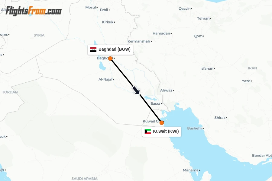 Flights from Baghdad to Kuwait route map