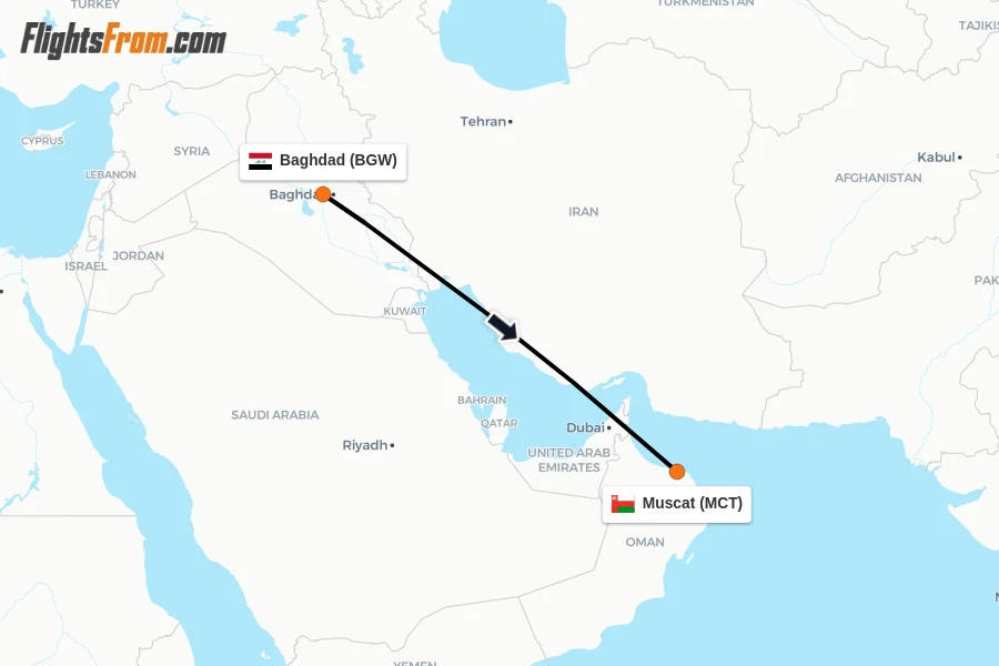 Flights from Baghdad to Muscat route map
