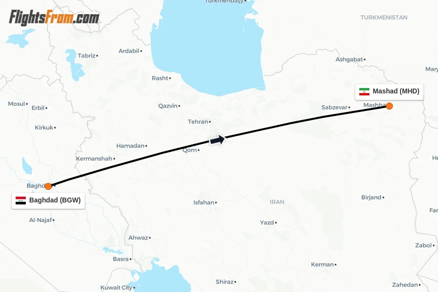 Flights from Baghdad to Mashad route map