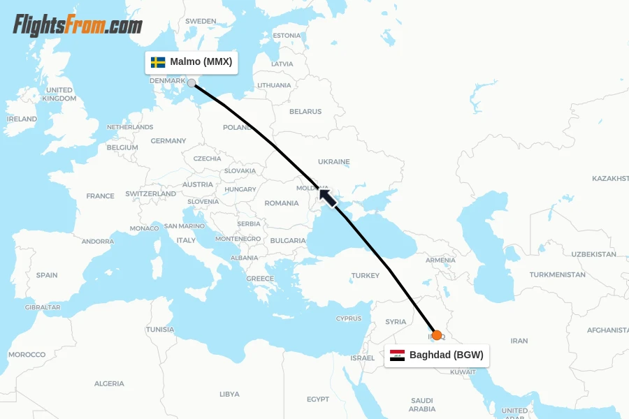 Flights from Baghdad to Malmo route map