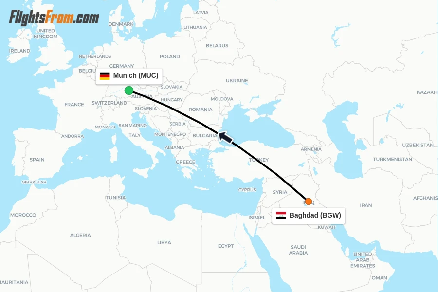 Flights from Baghdad to Munich route map