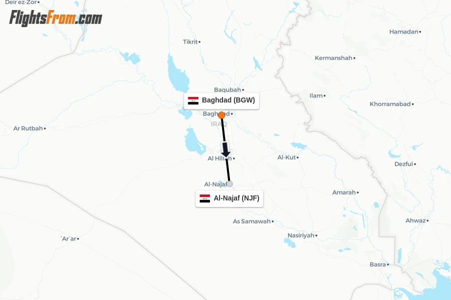 Flights from Baghdad to Al-Najaf route map