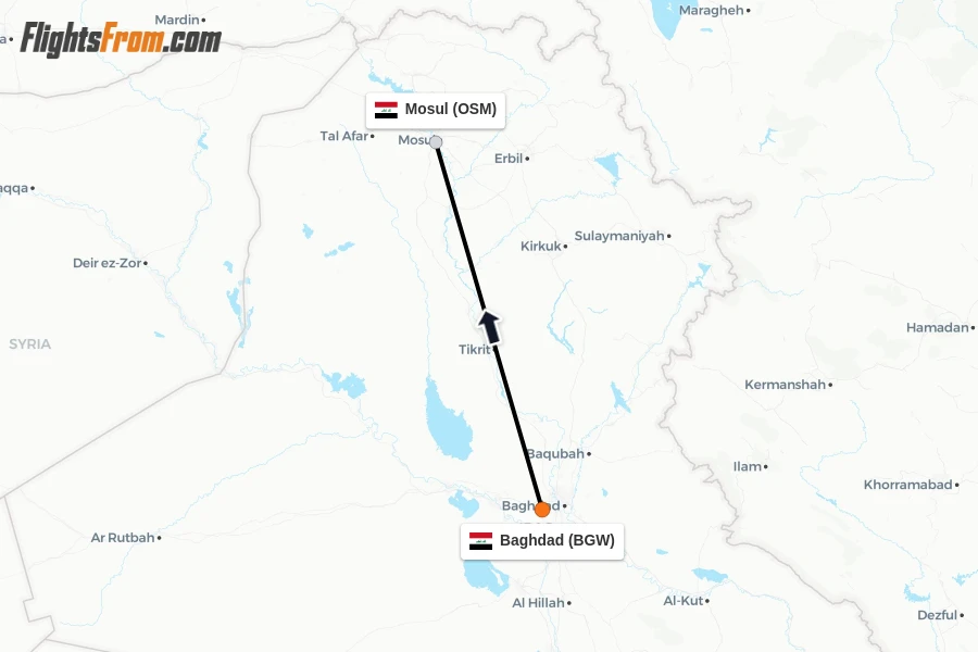 Flights from Baghdad to Mosul route map