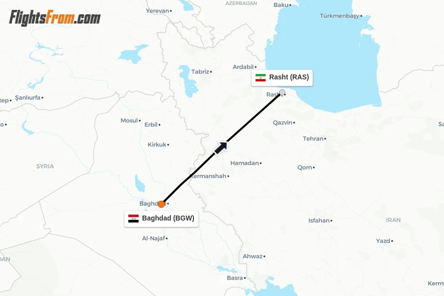 Flights from Baghdad to Rasht route map