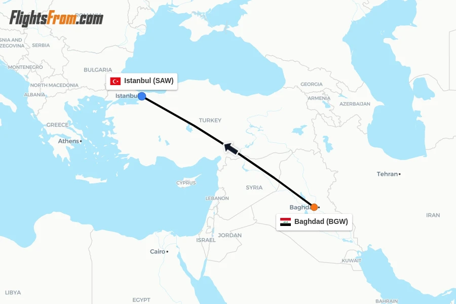 Flights from Baghdad to Istanbul route map