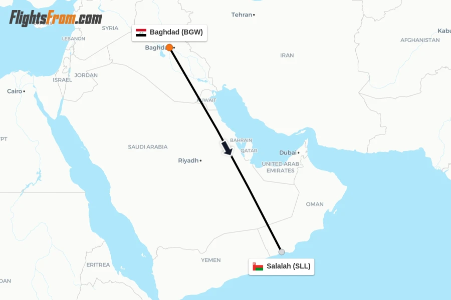 Flights from Baghdad to Salalah route map
