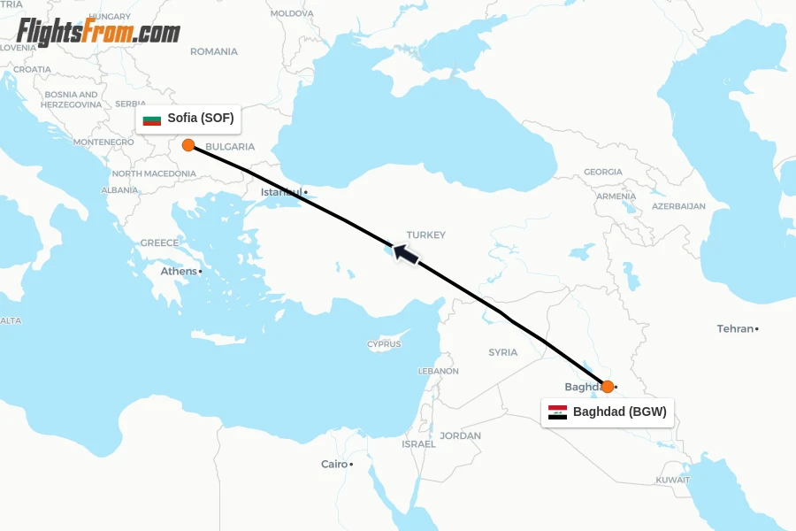 Flights from Baghdad to Sofia route map