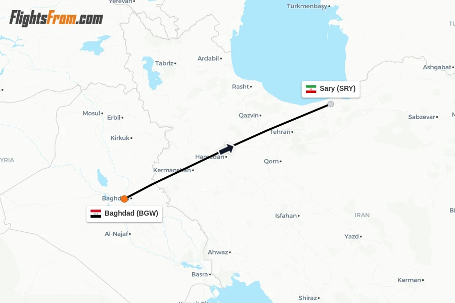 Flights from Baghdad to Sary route map