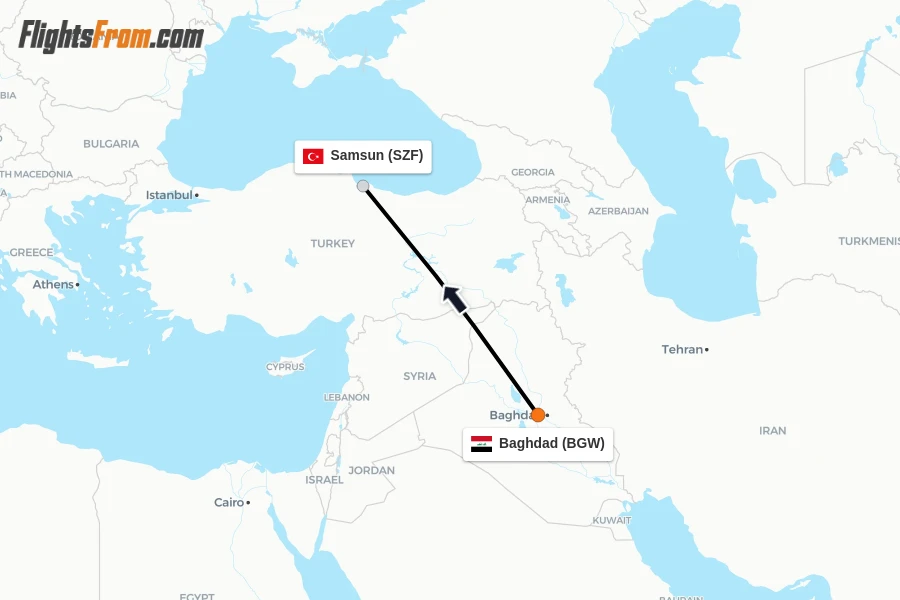 Flights from Baghdad to Samsun route map