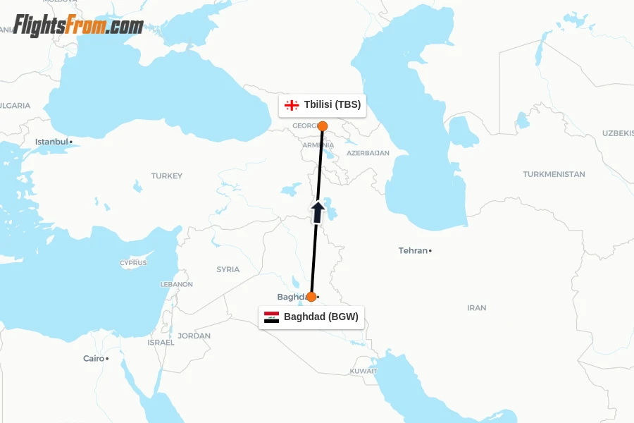 Flights from Baghdad to Tbilisi route map
