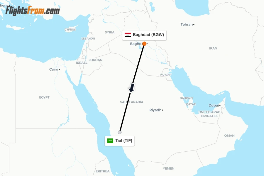 Flights from Baghdad to Taif route map