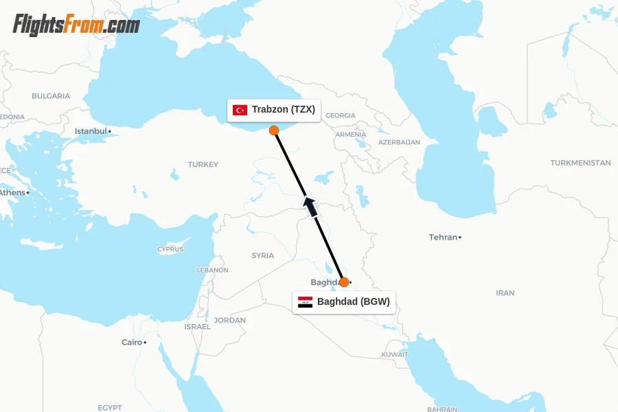 Flights from Baghdad to Trabzon route map