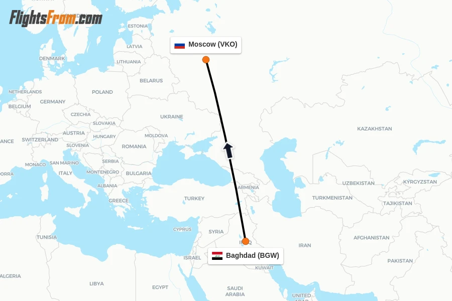 Flights from Baghdad to Moscow route map