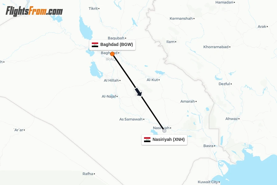 Flights from Baghdad to Nasiriyah route map