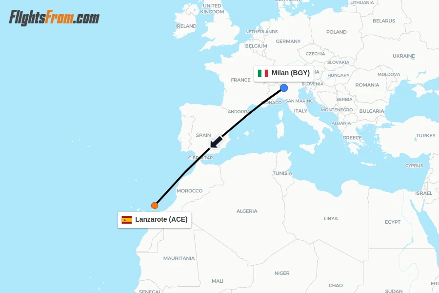 Flights from Milan to Lanzarote route map