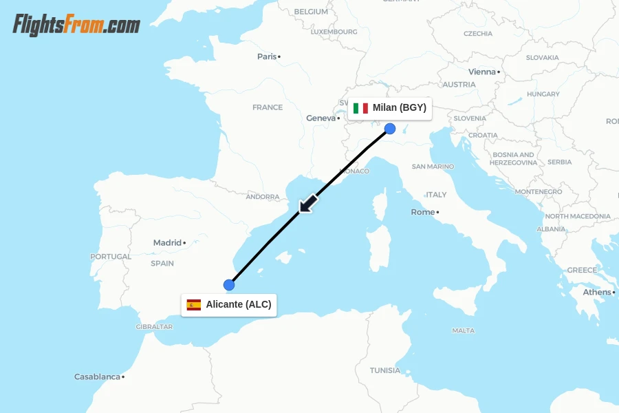 Flights from Milan to Alicante route map
