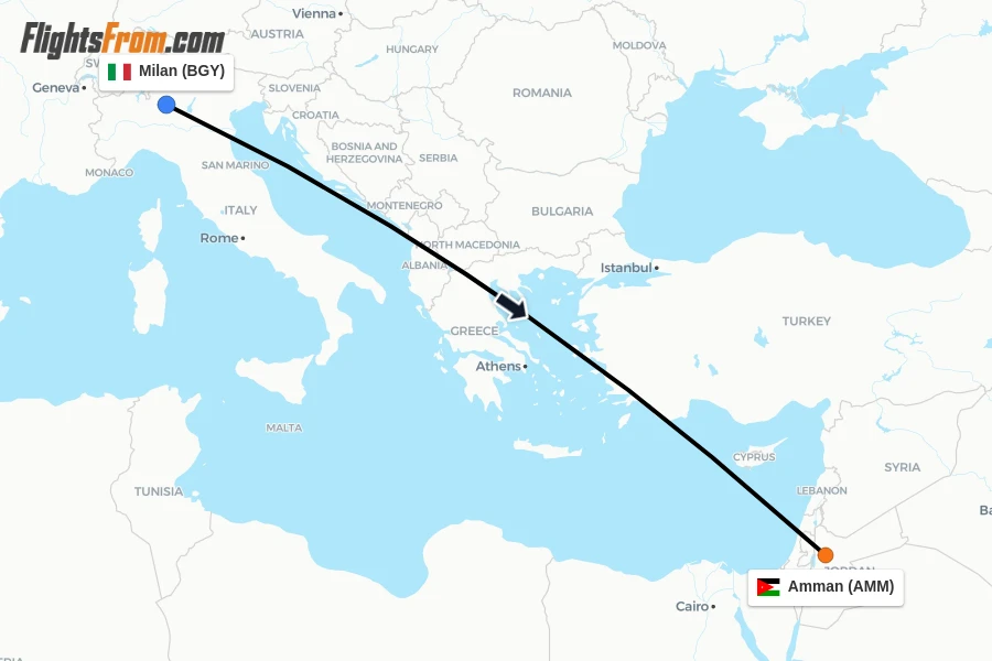 Flights from Milan to Amman route map