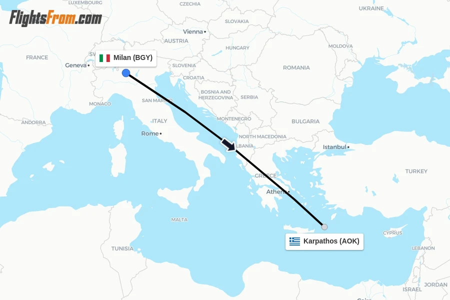 Flights from Milan to Karpathos route map