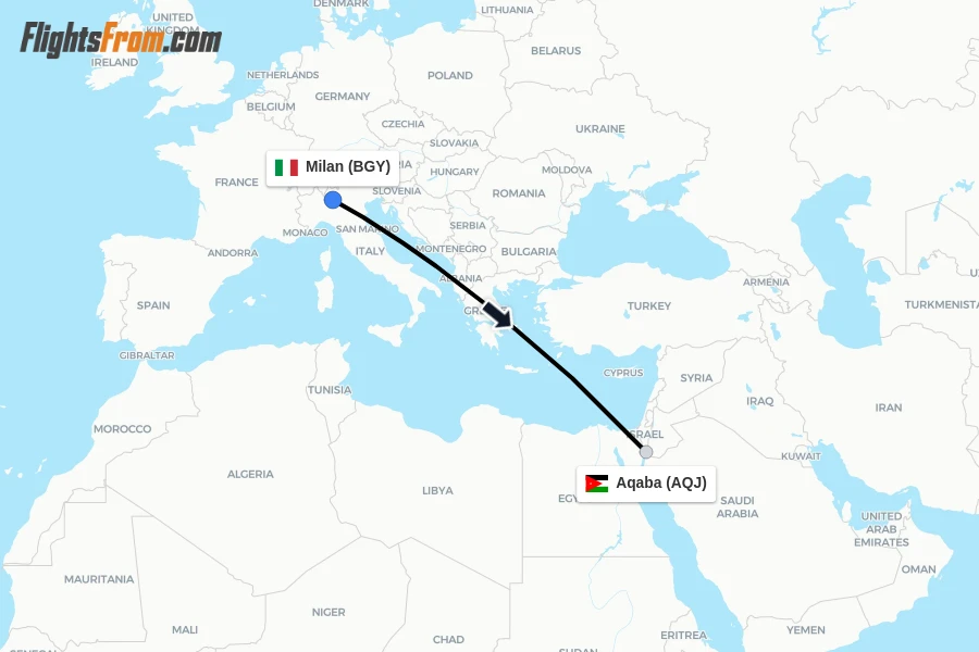 Flights from Milan to Aqaba route map