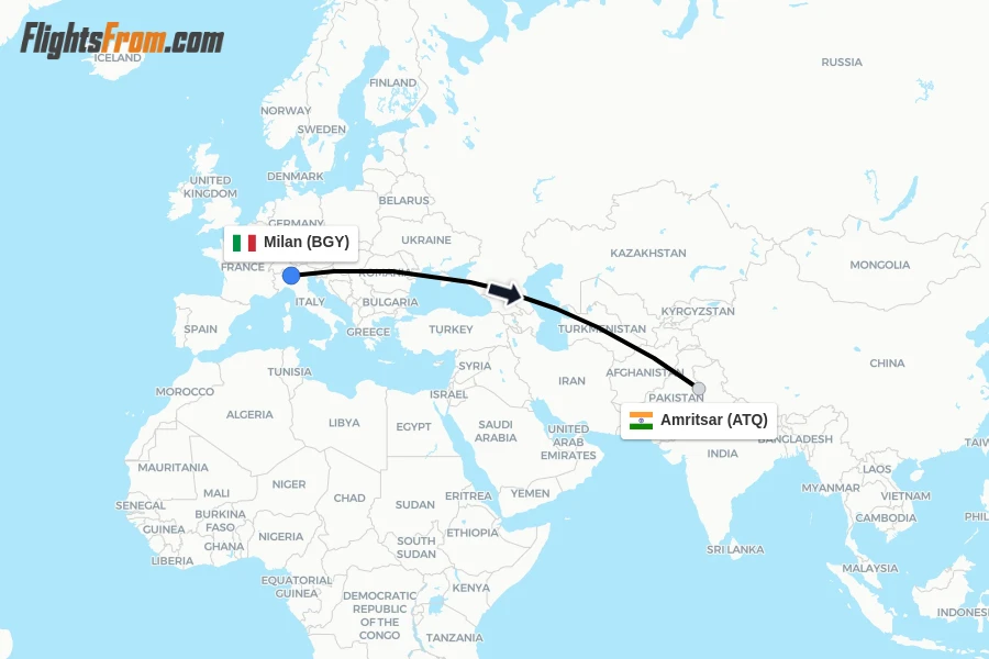 Flights from Milan to Amritsar route map