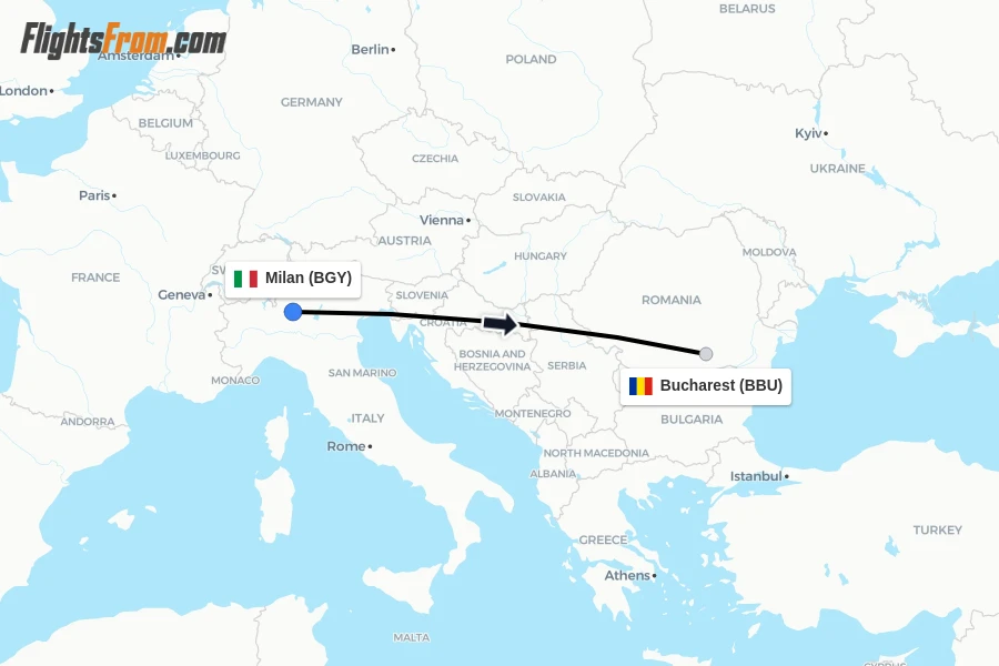 Flights from Milan to Bucharest route map
