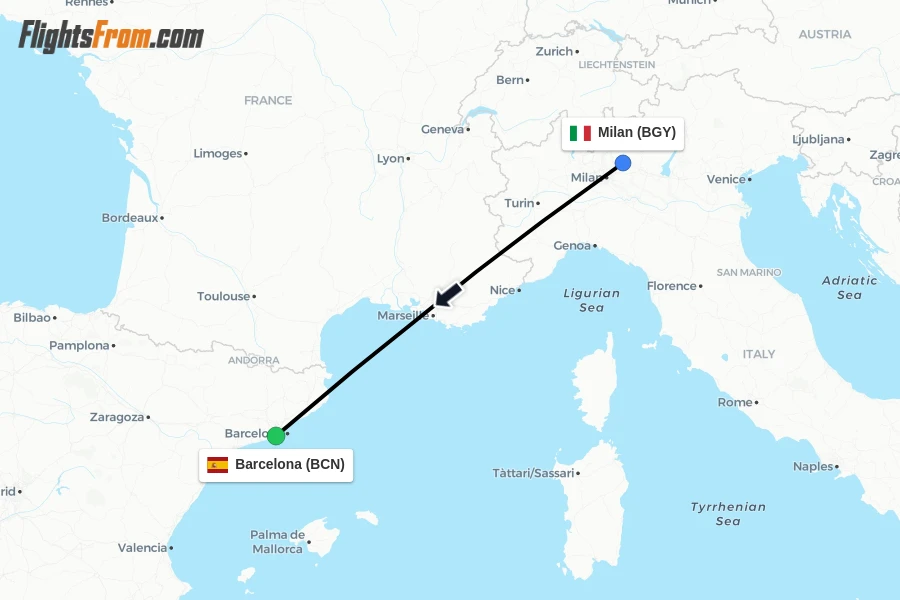Flights from Milan to Barcelona route map