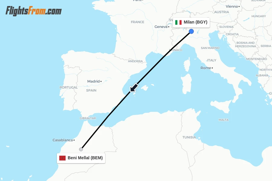 Flights from Milan to Beni Mellal route map