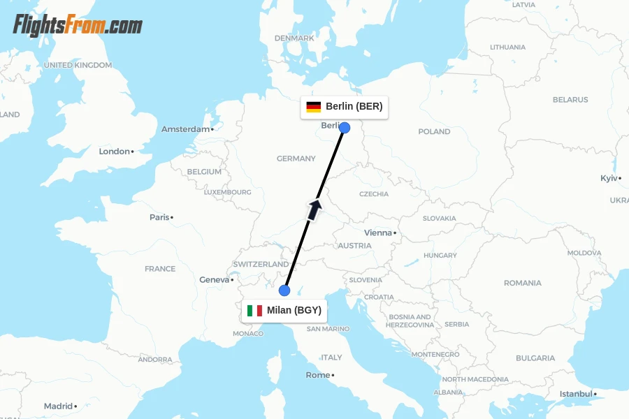 Flights from Milan to Berlin route map