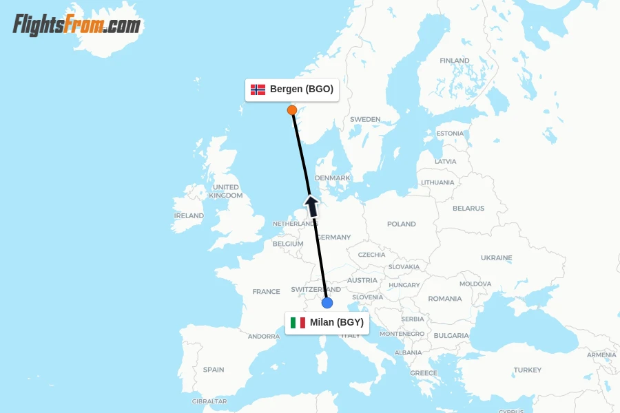 Flights from Milan to Bergen route map