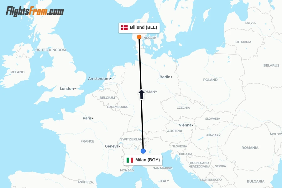 Flights from Milan to Billund route map