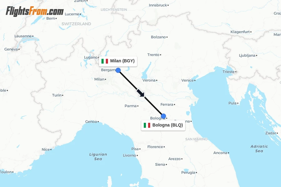 Flights from Milan to Bologna route map