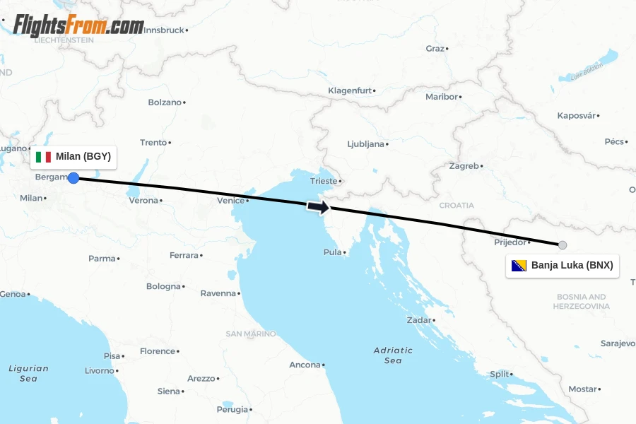 Flights from Milan to Banja Luka route map