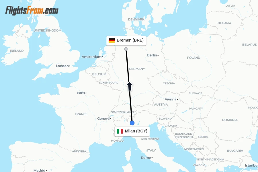 Flights from Milan to Bremen route map