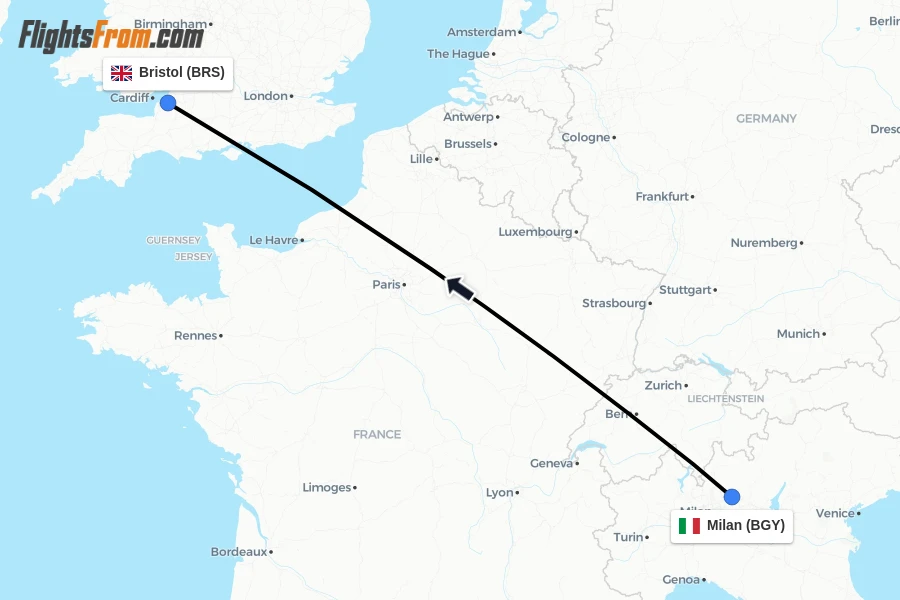 Flights from Milan to Bristol route map