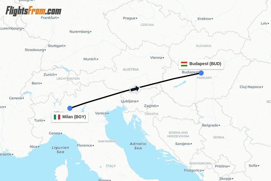Flights from Milan to Budapest route map